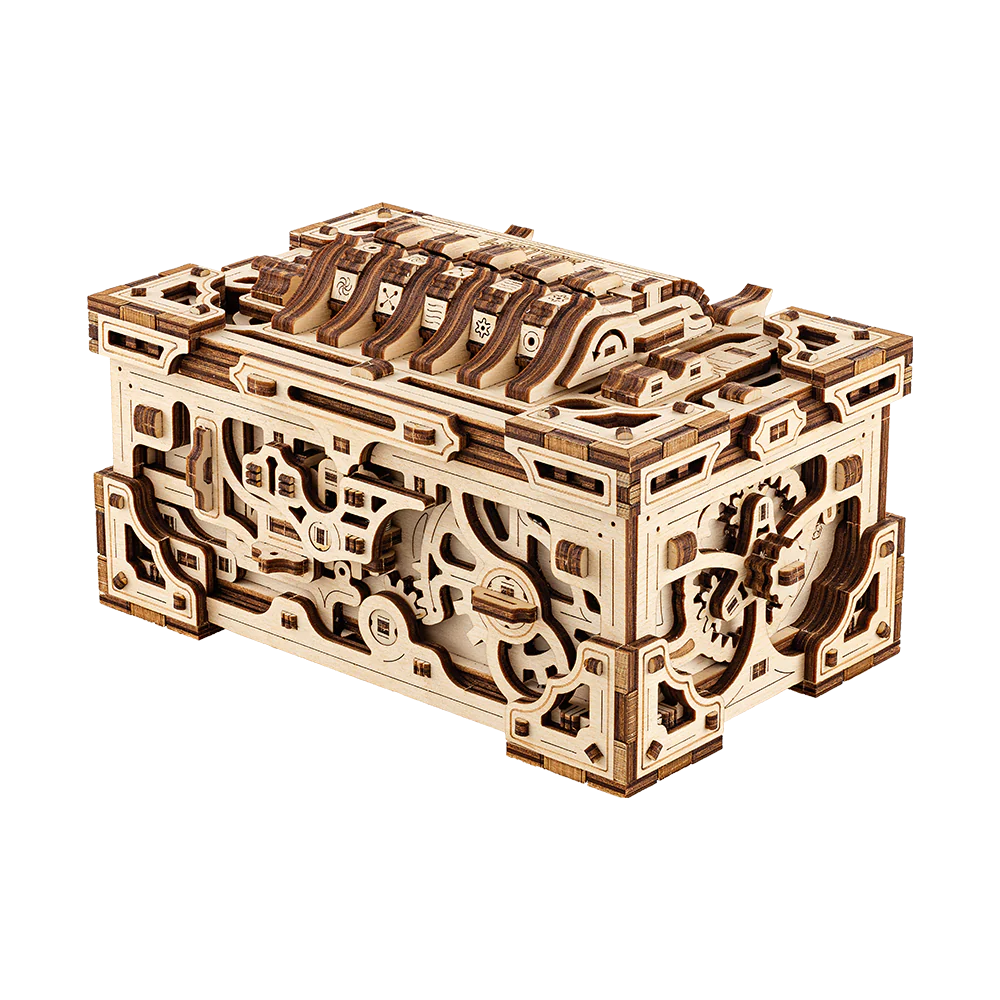 Mechanische Holzschatulle mit Zahnrädern und Symbolen auf dem Deckel