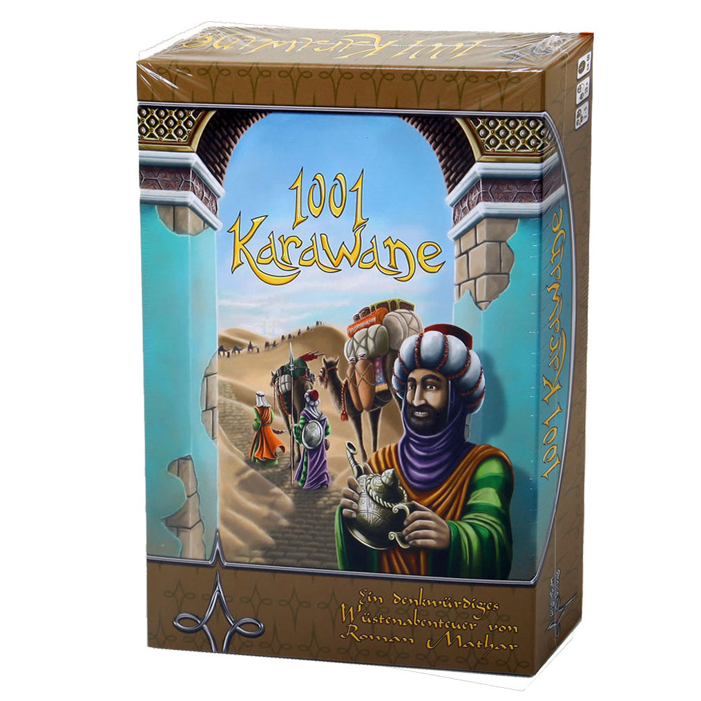 Spielschachtel 1001 Karawane mit Illustration einer Wüstenlandschaft und Personen in traditioneller Kleidung