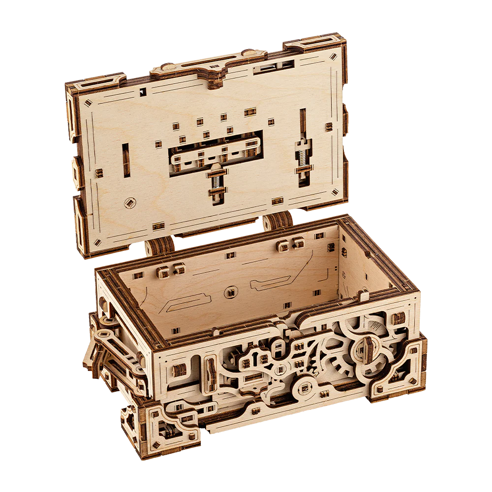 Geöffnete mechanische Schatulle aus Holz mit sichtbarem Zahnradmechanismus