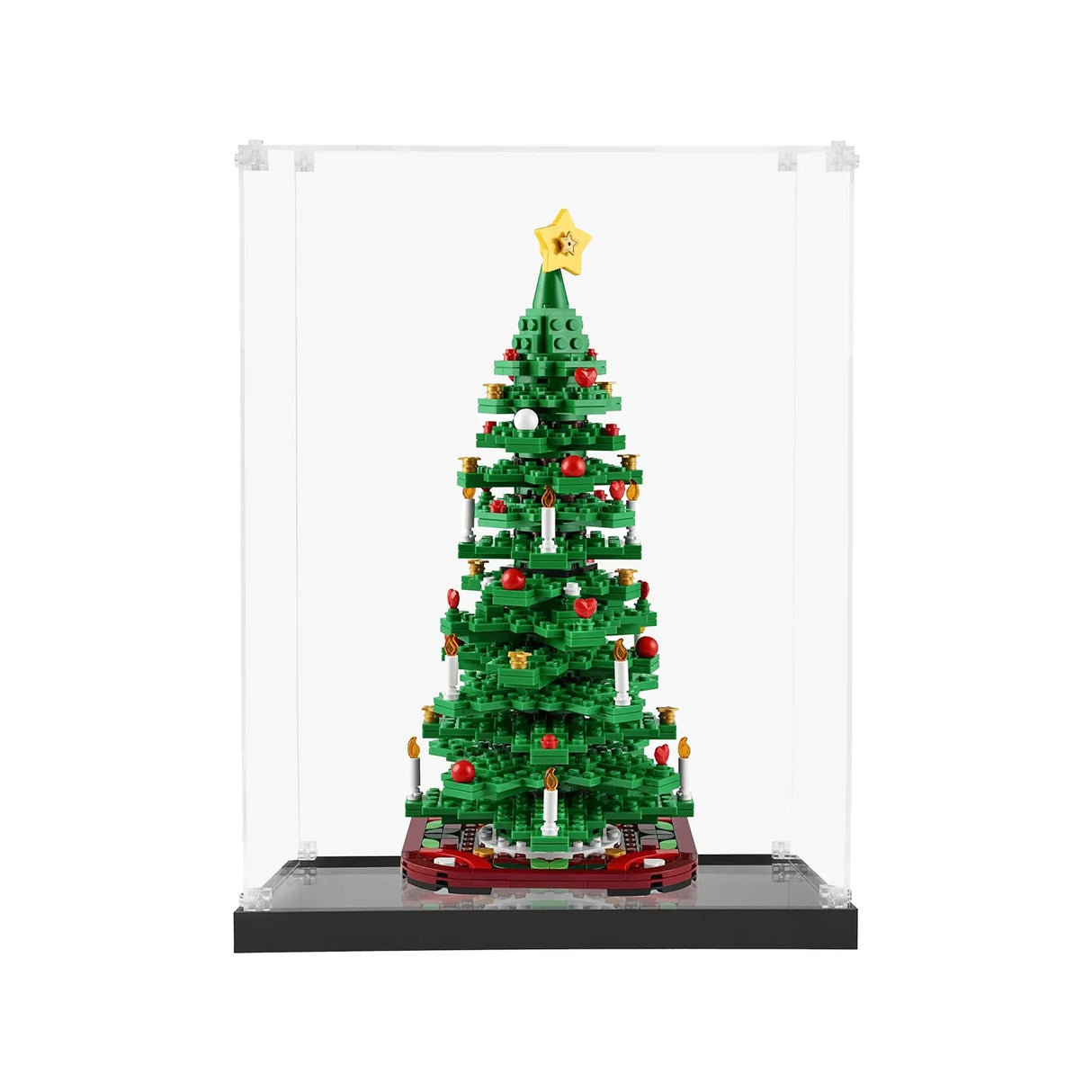 Weihnachtsbaum aus Legosteinen in einer durchsichtigen Vitrine