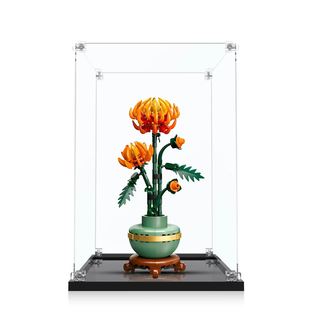 Lego-Blume in Vase in einer durchsichtigen Vitrine