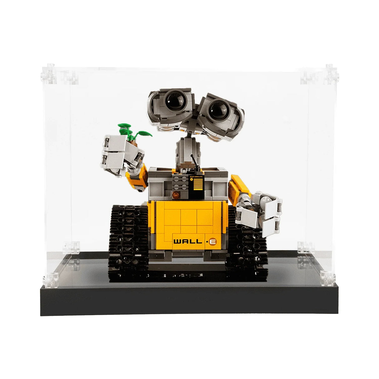 Lego Wall-E in einer Vitrine mit einer Pflanze in der Hand