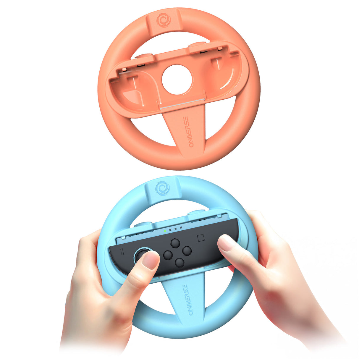 Zwei Lenkräder für Nintendo Switch, eines in Pfirsich und eines in Blau, wobei das blaue von Händen gehalten wird