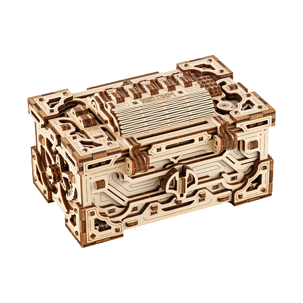 Mechanische Schatulle aus Holz mit komplexen Zahnradverzierungen