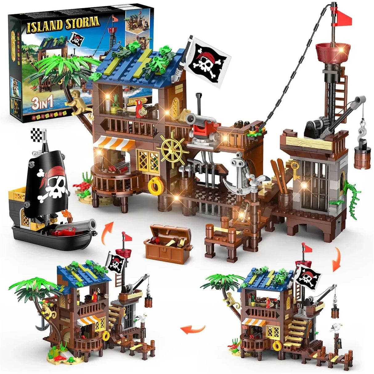 Island Storm 3-in-1 Piraten-Bausatz mit Schiff, Versteck und Leuchtturm