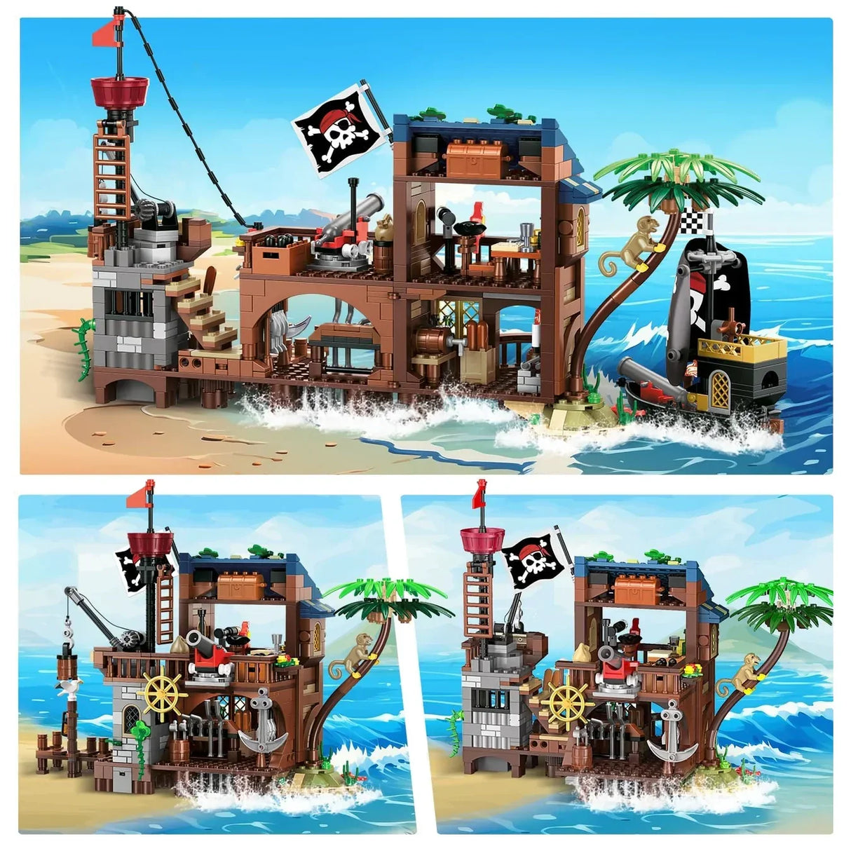 Piratenversteck-Spielset mit Piratenflagge, Kanone, Affe auf Palme und kleinem Boot