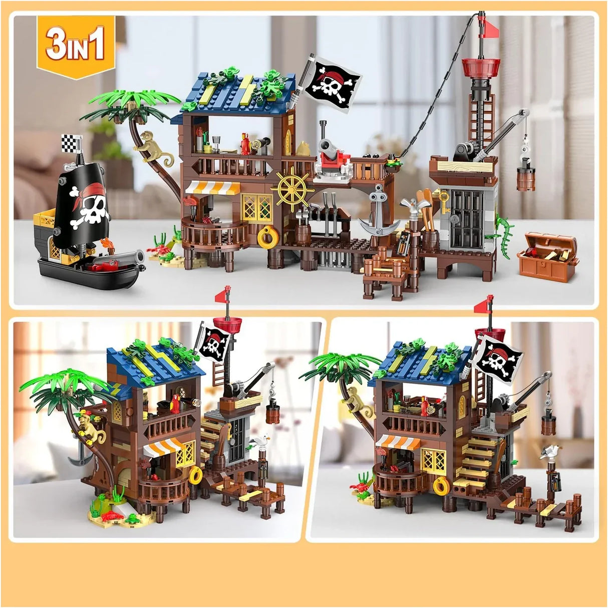 Piraten-Baustein-Set mit Schiff, Versteck und Schatzkiste