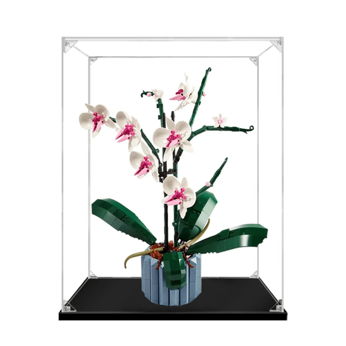 Lego Orchidee in einer transparenten Vitrine mit schwarzem Boden