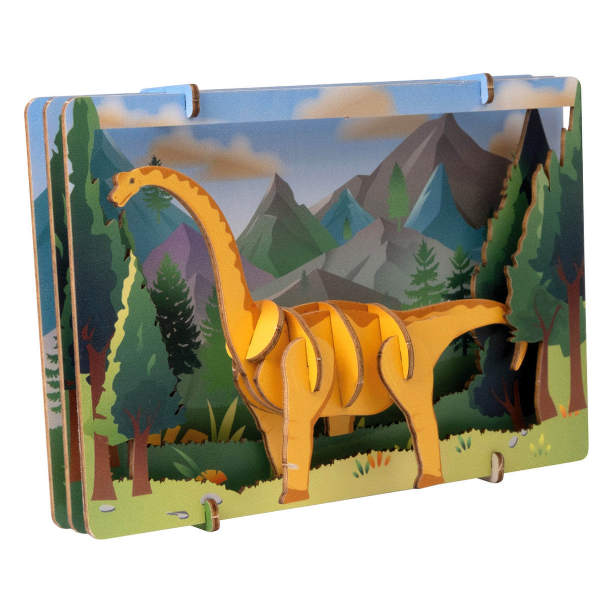 3D Holzpuzzle eines gelben Dinosauriers vor einer Berglandschaft
