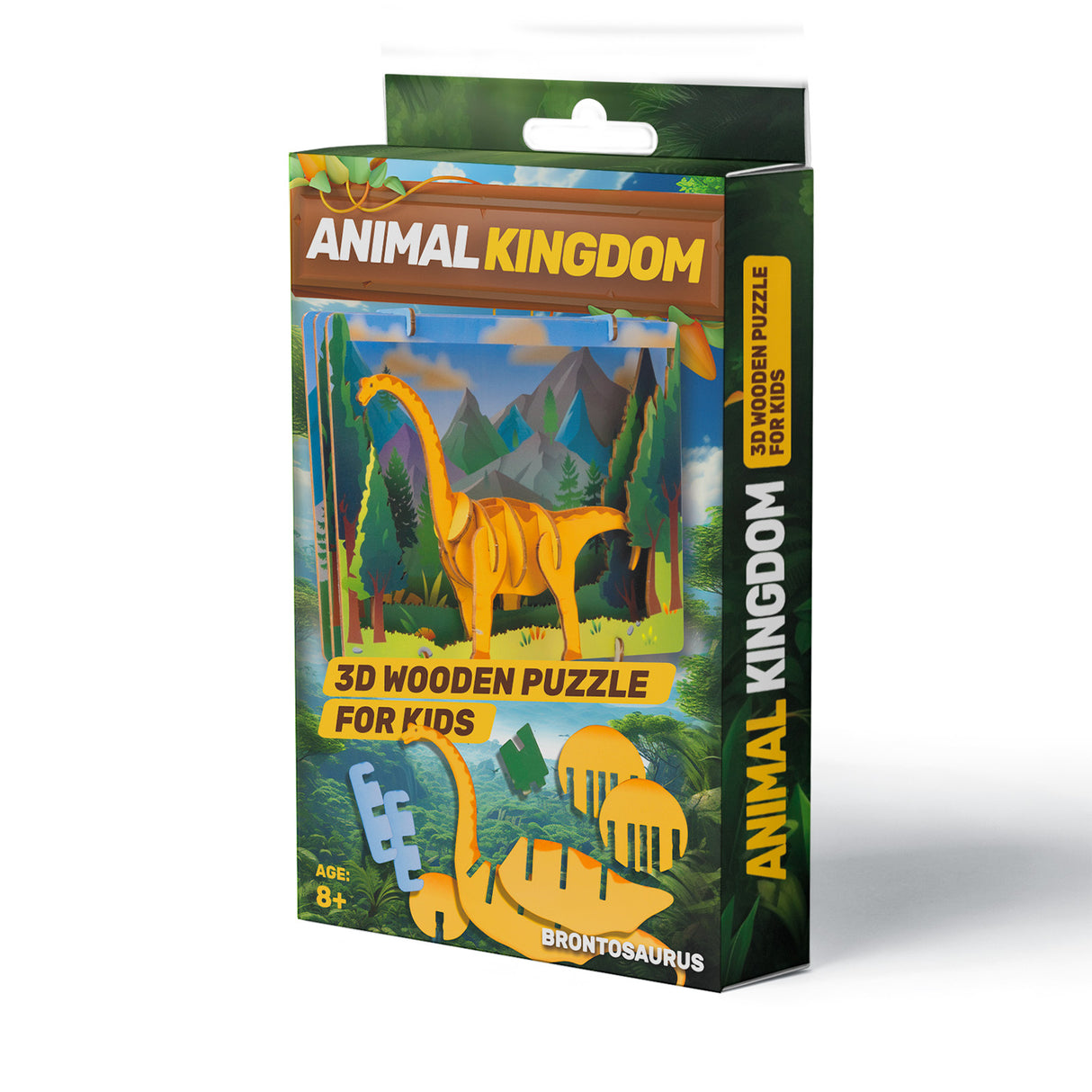 Verpackung eines 3D Holzpuzzles mit einem Brontosaurus Motiv