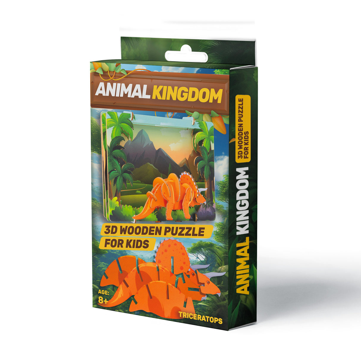 Verpackung eines 3D Holzpuzzles mit einem Triceratops Motiv aus der Serie Animal Kingdom