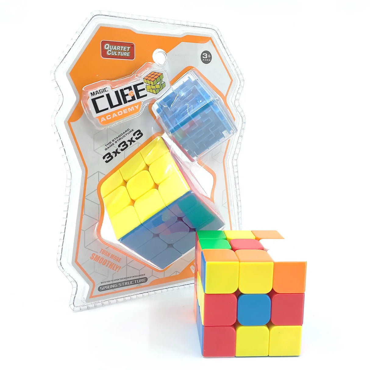 Zauberwürfel in Originalverpackung mit einem weiteren Würfel daneben