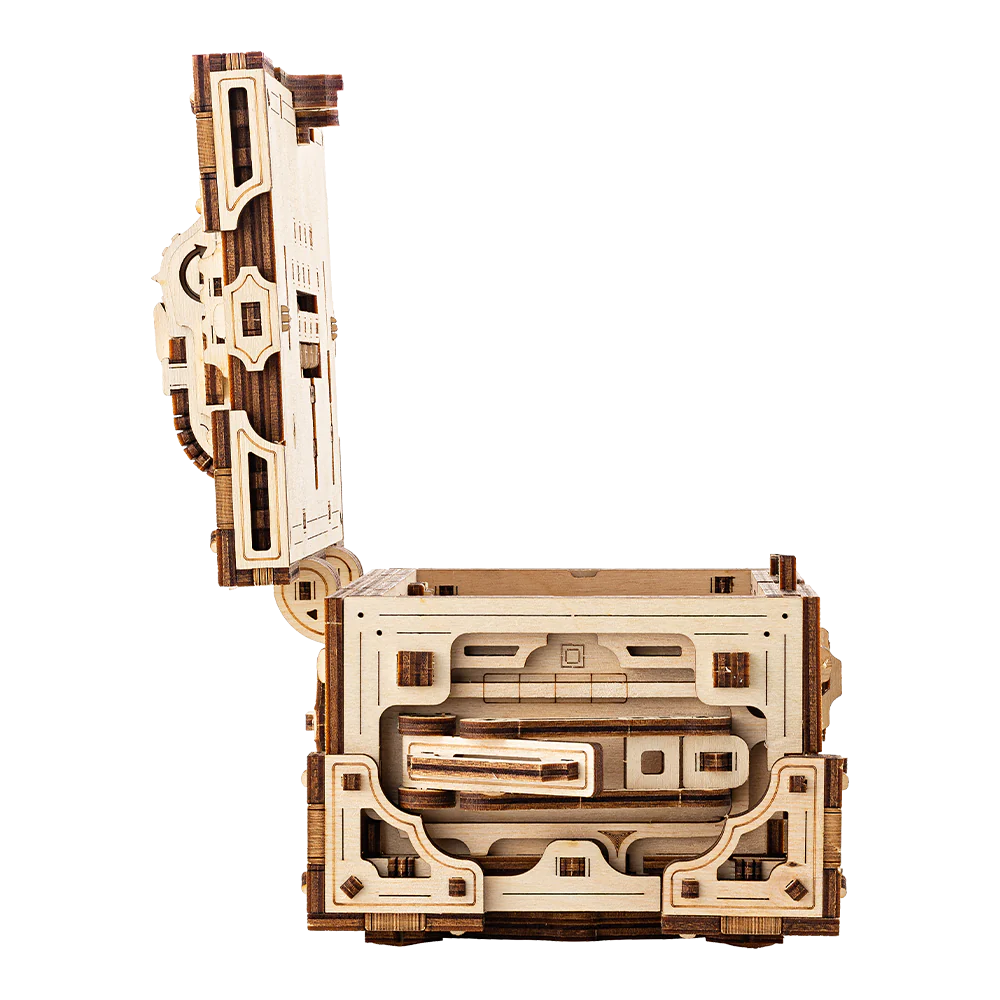 Geöffnete mechanische Schatulle aus Holzbauteilen