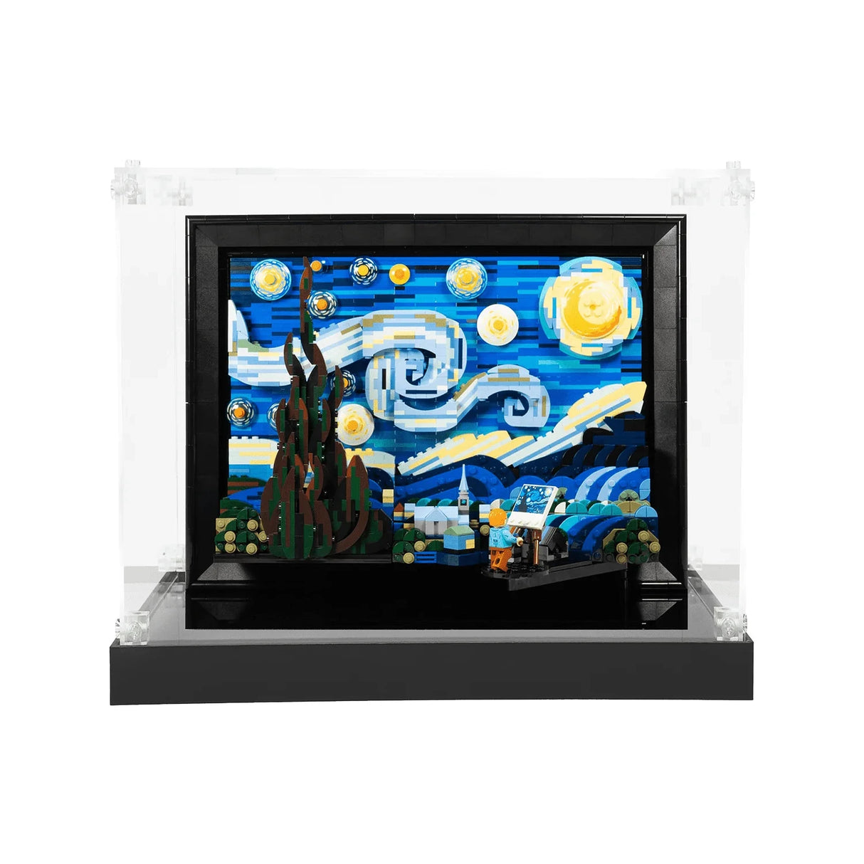 Lego-Nachbildung von Van Goghs Sternennacht in einem schwarzen Rahmen mit durchsichtiger Hülle