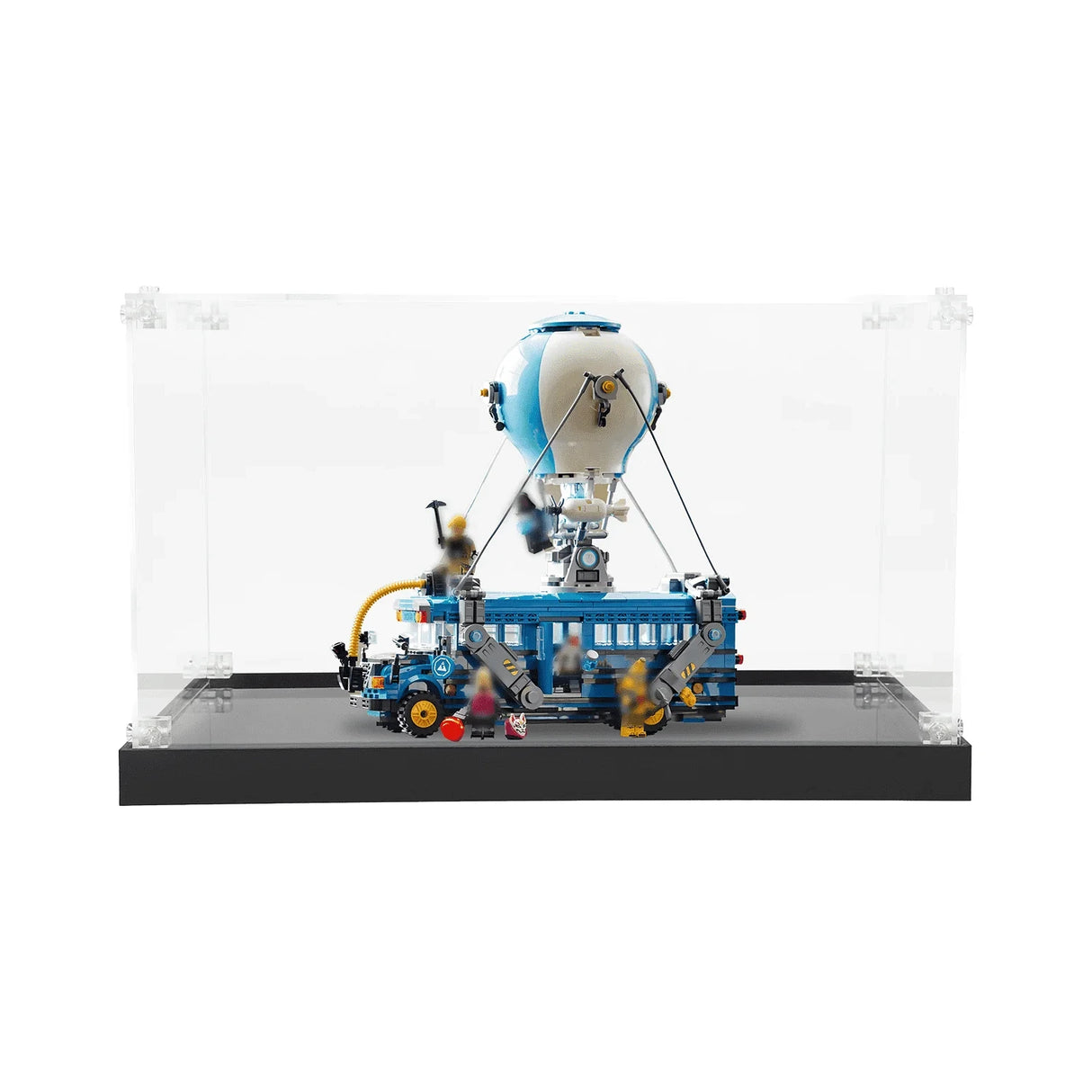 Lego Fortnite Battle Bus in einer durchsichtigen Vitrine