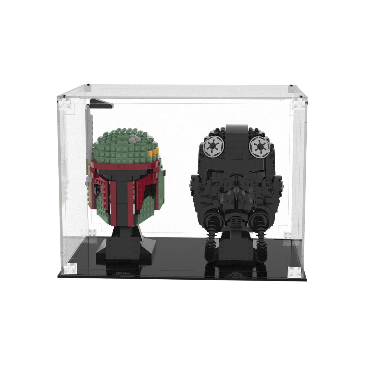 Zwei Star Wars LEGO Helme in einer durchsichtigen Vitrine