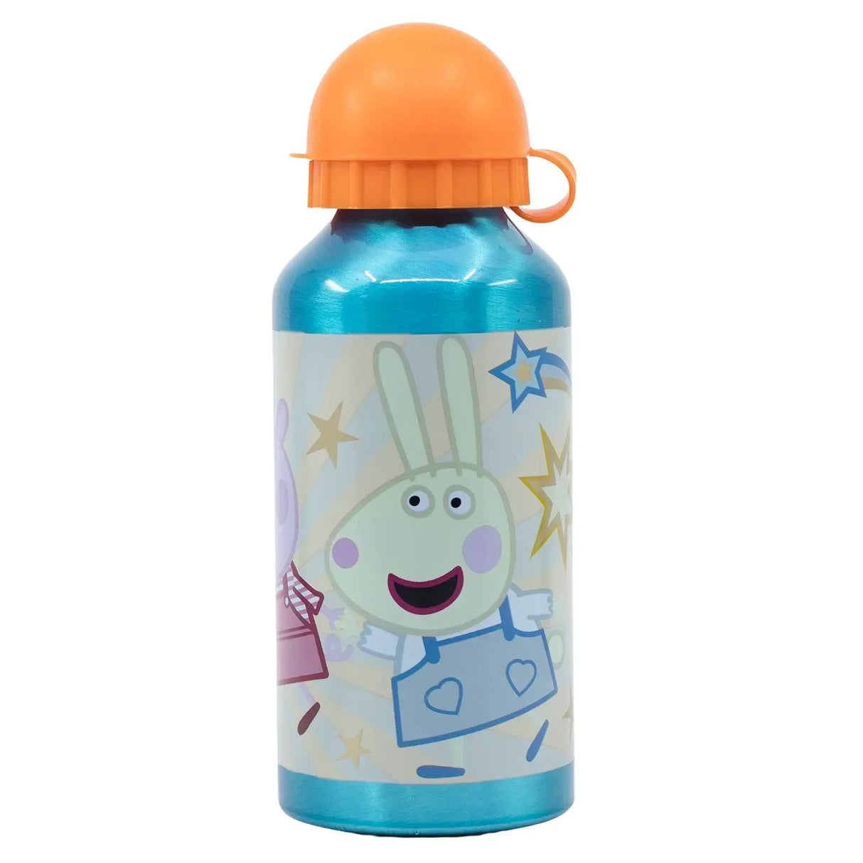 Blaue Trinkflasche aus Aluminium mit Peppa Wutz Motiv und orangefarbenem Verschluss