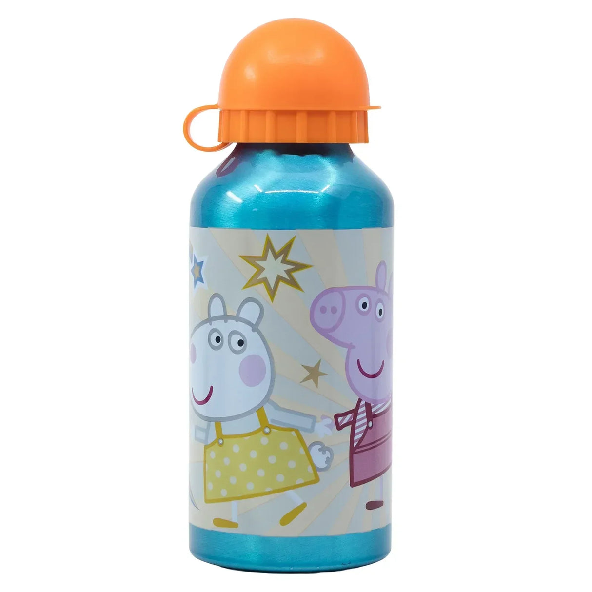 Blaue Trinkflasche aus Aluminium mit Peppa Wutz Motiv und orangefarbenem Verschluss