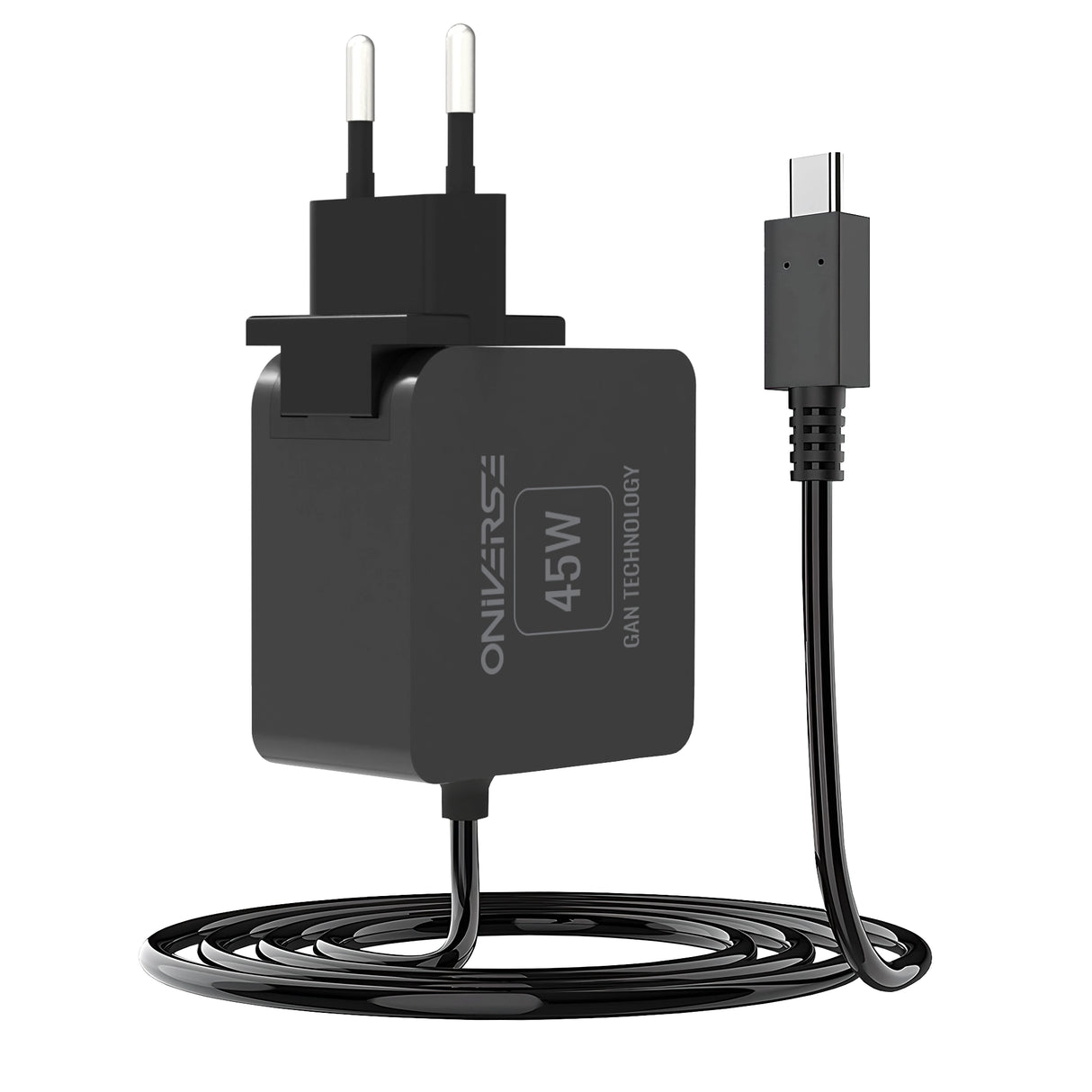 Schwarzes 45W USB-C Ladegerät mit festem Kabel und EU-Stecker