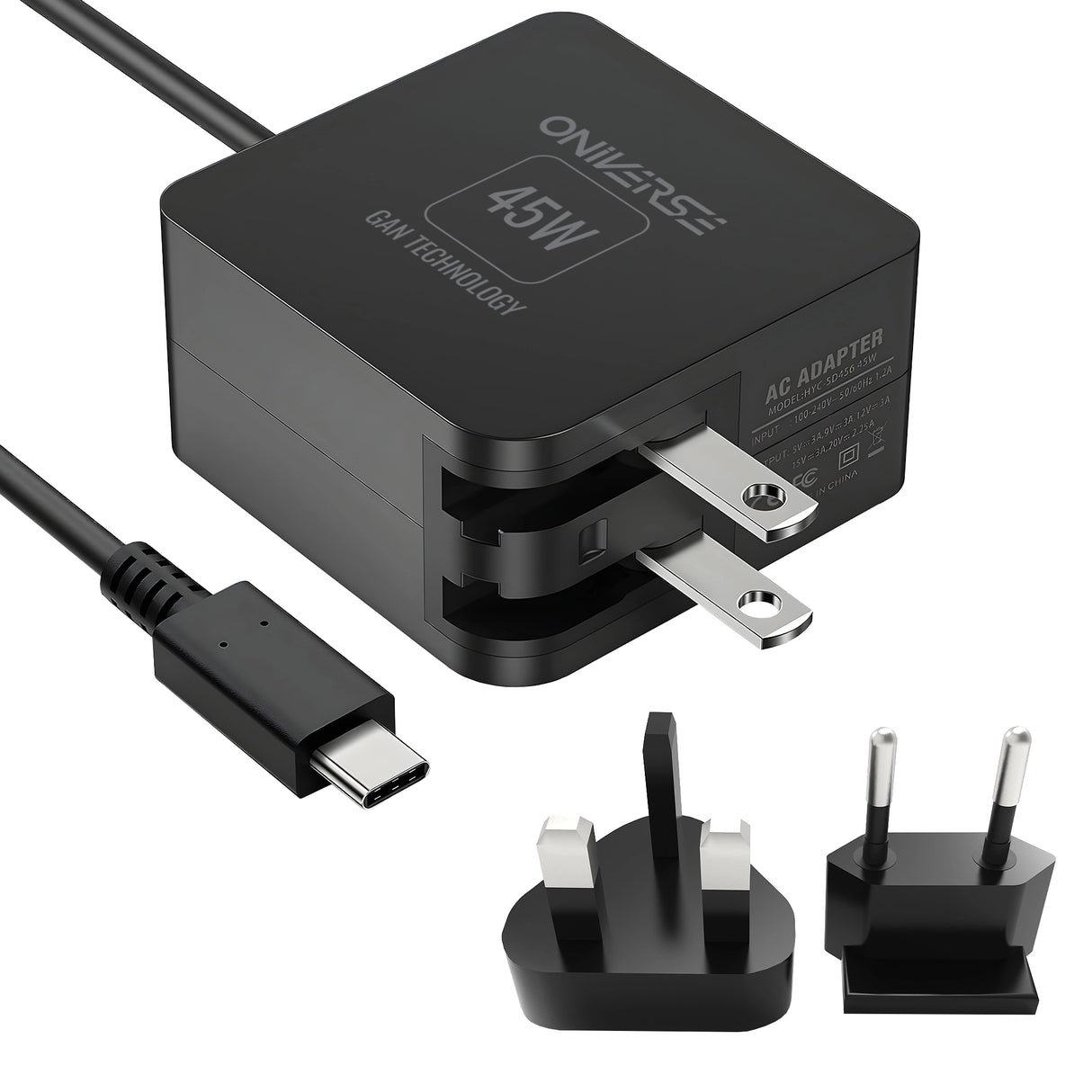Oniverse 45W GaN Ladegerät mit US-Stecker, USB-C Kabel und austauschbaren UK- und EU-Steckern