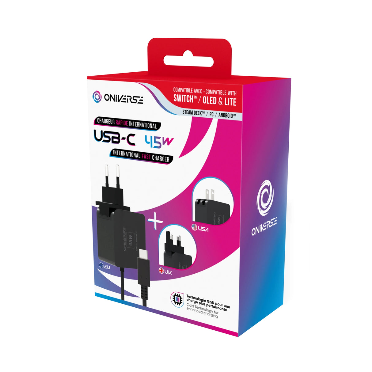 Oniverse 45W USB-C internationales Schnellladegerät mit EU, USA und UK Adaptern