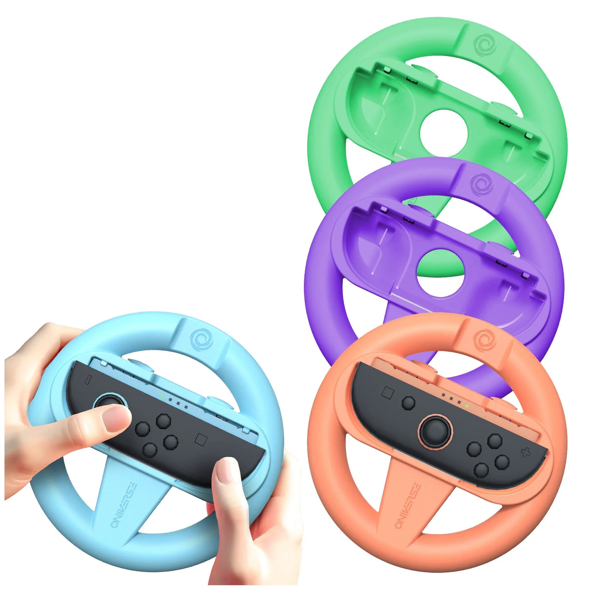 Vier Lenkräder für Nintendo Switch in Blau, Orange, Grün und Lila