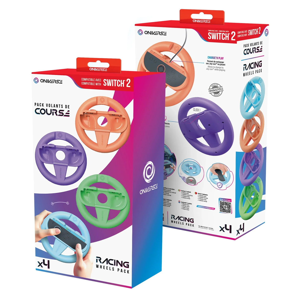 Zwei Oniverse Racing Wheels Packs für Switch 2, mit vier farbigen Lenkrädern pro Packung