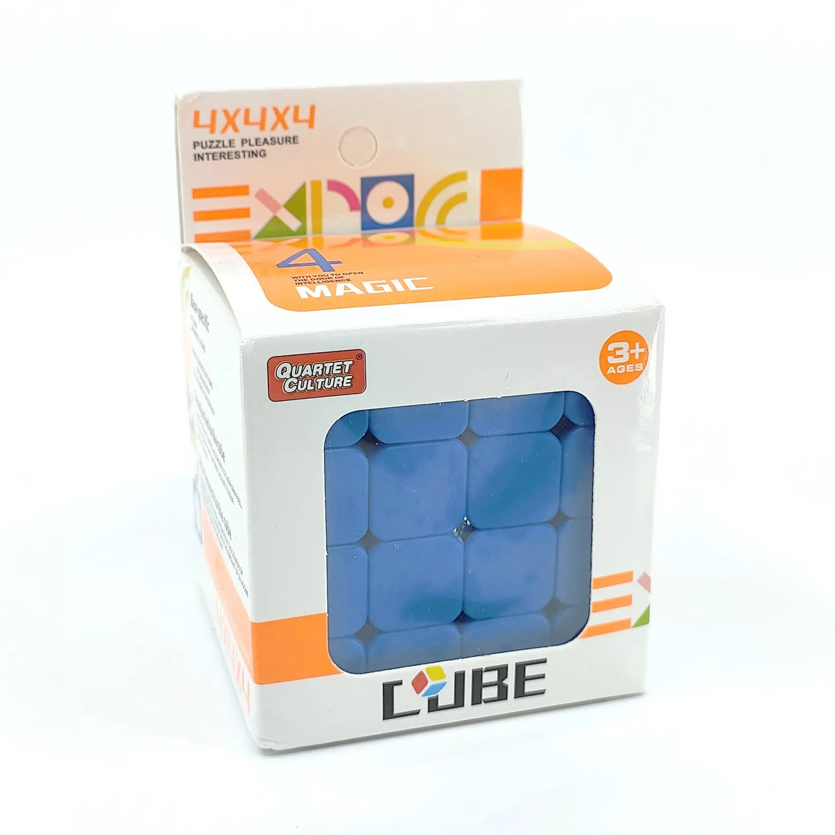 Verpackung eines blauen 4x4 Zauberwürfels
