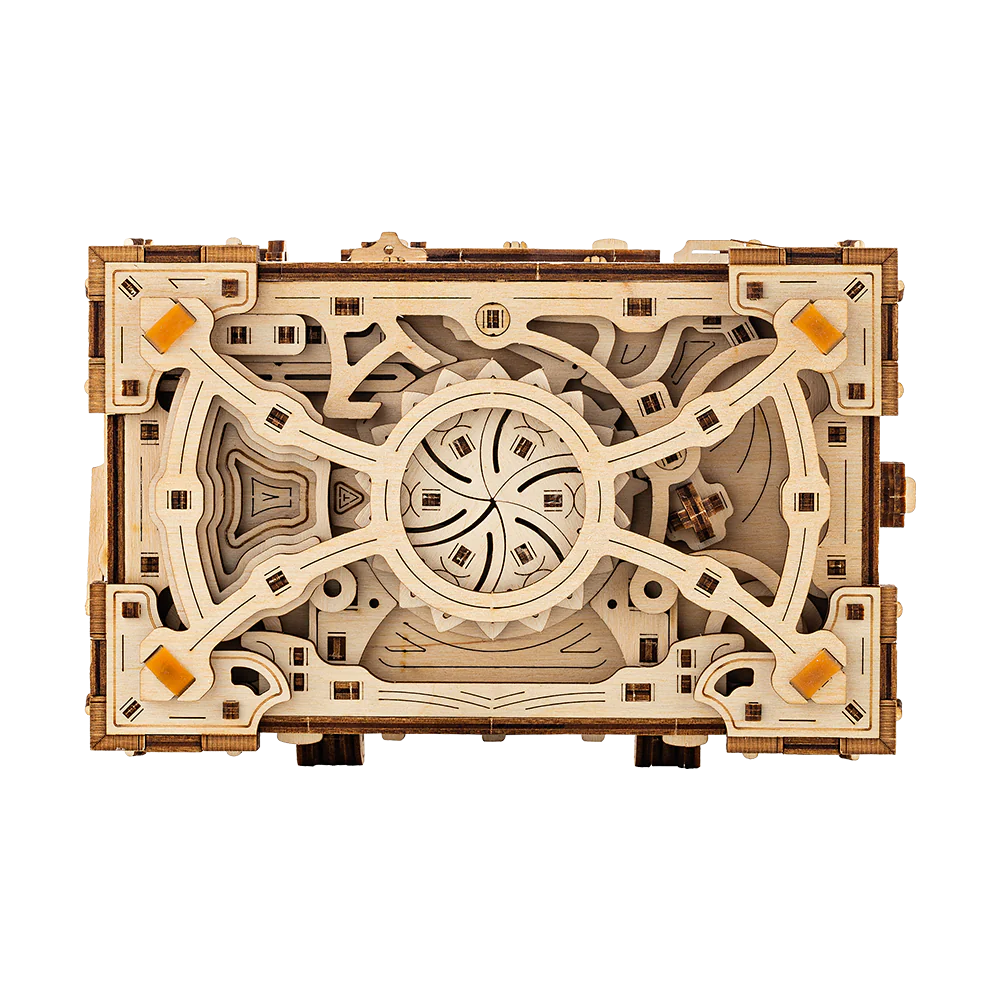 Mechanische Holzbox mit komplexem Zahnradmechanismus in Draufsicht