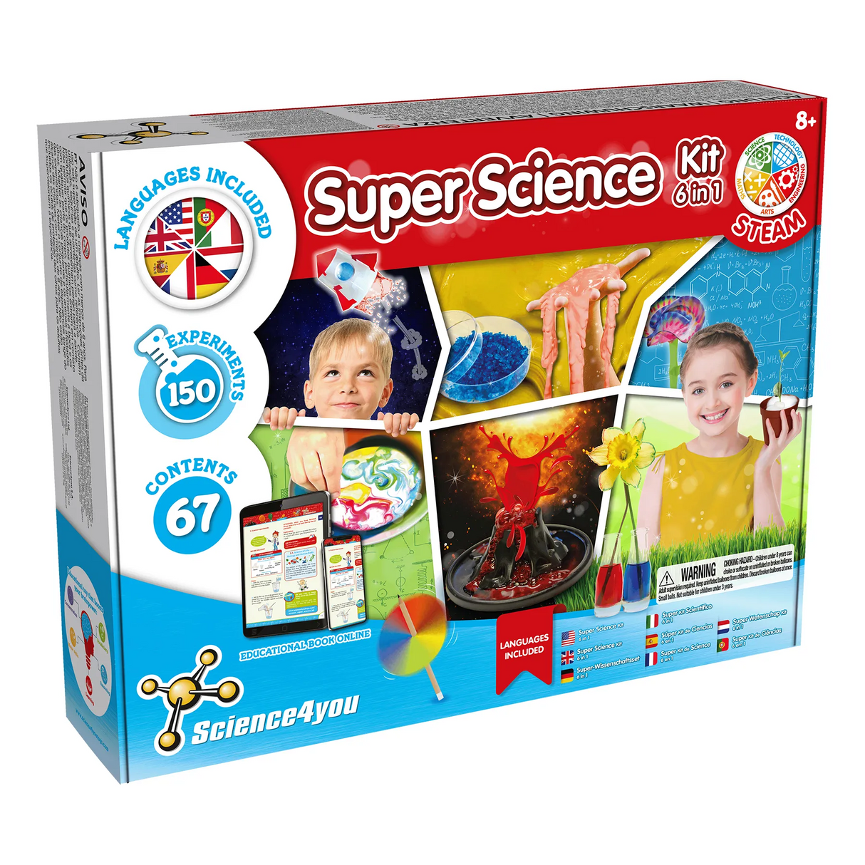Super Science Kit 6-in-1 Box mit Bildern von Kindern, die Experimente machen