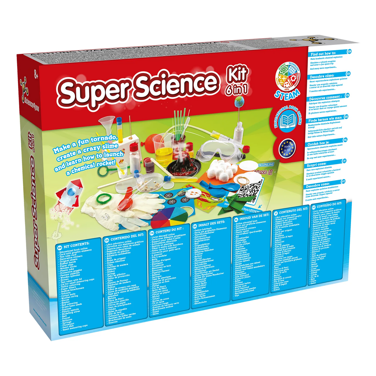 Super Science Kit 6-in-1 Box mit Experimentiergeräten und Anleitungen in mehreren Sprachen