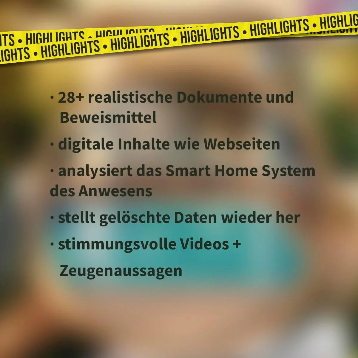 Highlights Banner mit Text: 28+ realistische Dokumente und Beweismittel, digitale Inhalte, Smart Home System Analyse