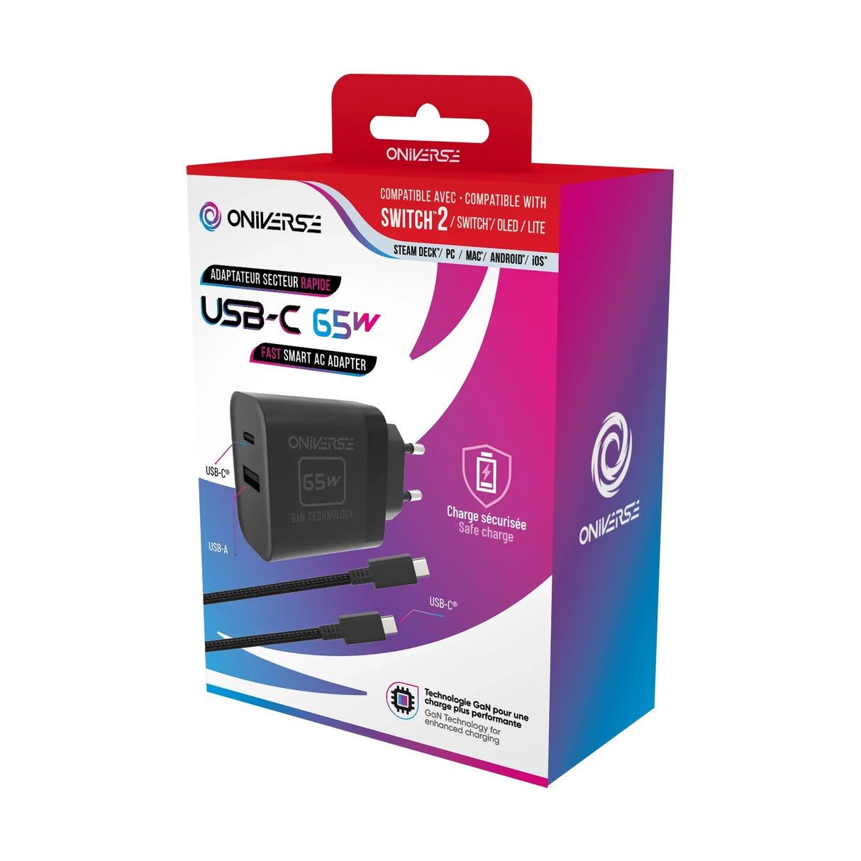 Oniverse 65W USB-C Schnellladegerät mit USB-A Anschluss und USB-C Kabel in der Produktverpackung