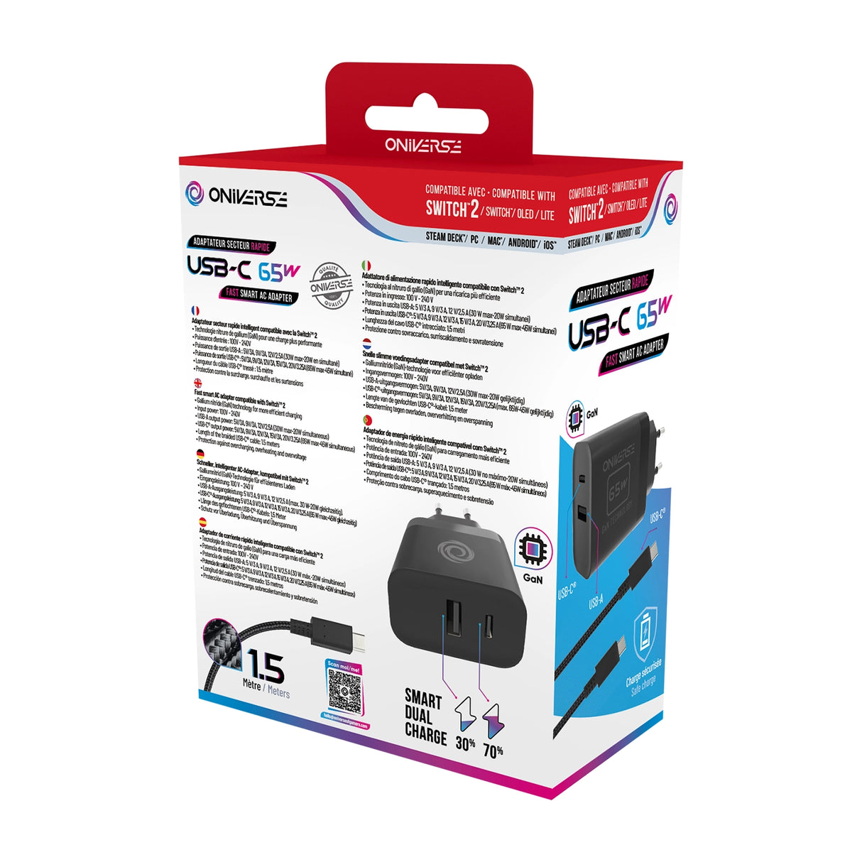 Verpackung eines 65W USB-C Schnellladegeräts mit technischen Spezifikationen und Kompatibilitätsangaben