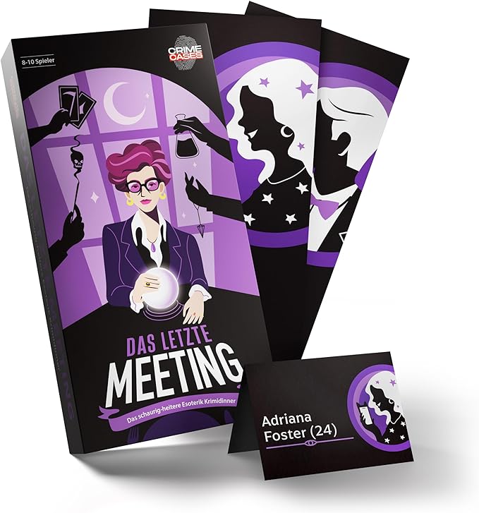 Spielschachtel und Namensschild fuer das Krimidinner Spiel Das letzte Meeting mit lila Illustrationen