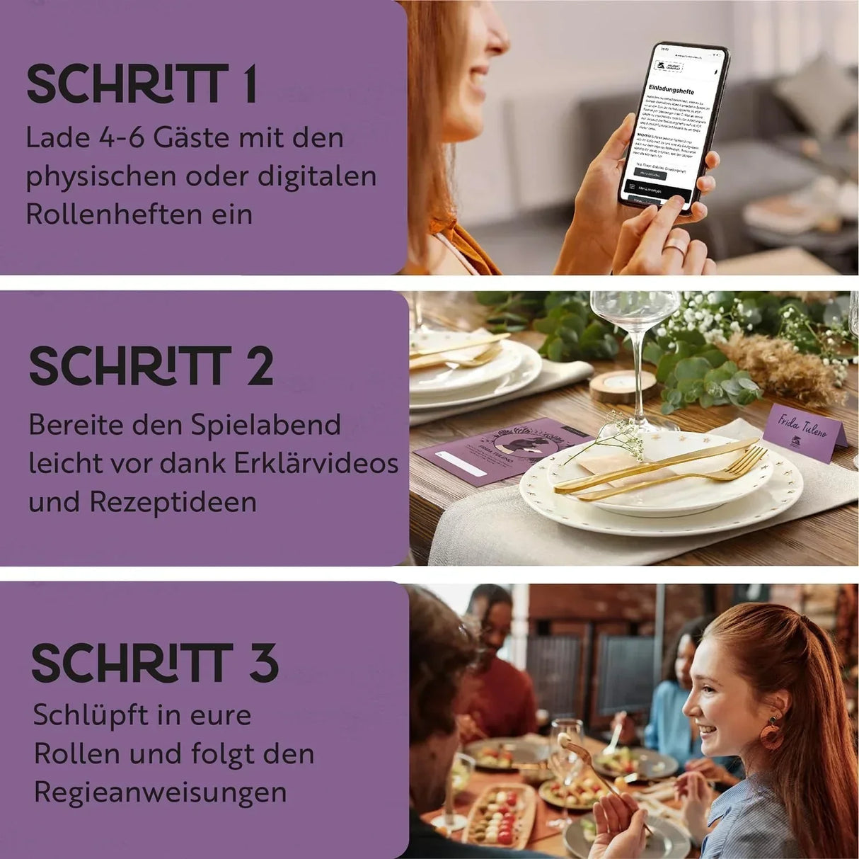 Drei Schritte zur Vorbereitung eines Krimidinner mit Einladungen, Tischdekoration und einer spielenden Gruppe