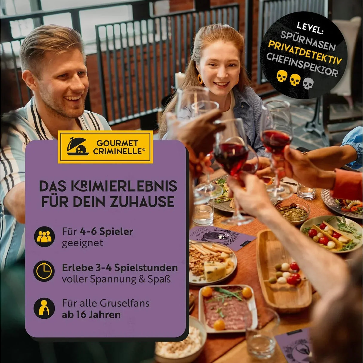 Gruppe beim Abendessen mit Weingläsern und Infografik zum Krimispiel Gourmet Criminelle