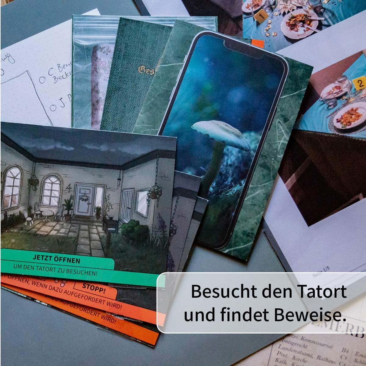 Verschiedene Spielkarten und ein Smartphone mit Pilzbild