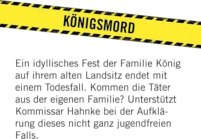Gelbes Absperrband mit der Aufschrift Königsmord und Text über einen Kriminalfall
