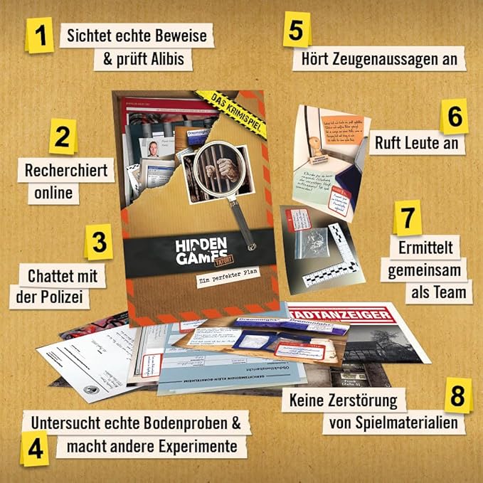 Infografik mit acht Schritten zur Spielanleitung eines Krimispiels mit Dokumenten und Beweismitteln