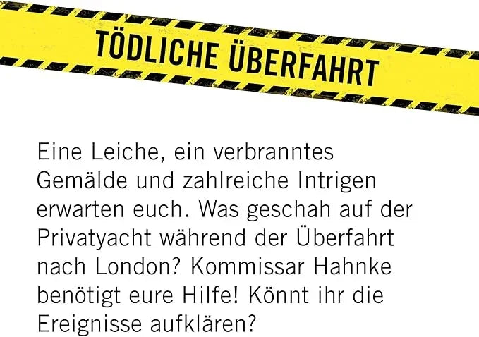 Gelbes Absperrband mit der Aufschrift Tödliche Überfahrt über einem Text über einen Kriminalfall auf einer Yacht