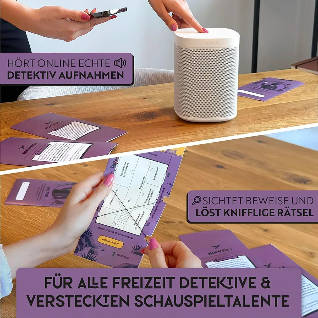 Personen nutzen einen Lautsprecher und Spielkarten fuer ein Detektivspiel am Holztisch