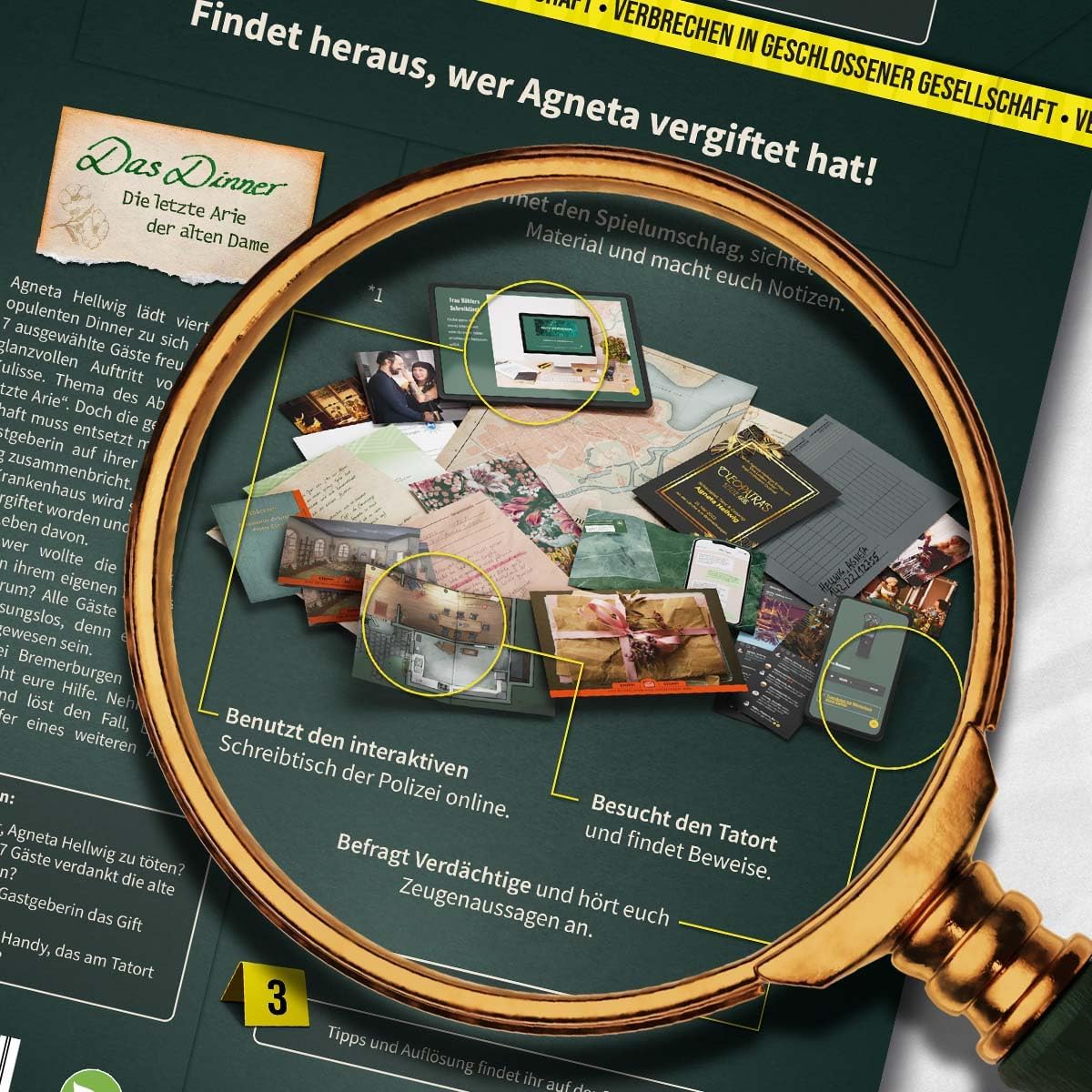 Lupe über verschiedenen Hinweisen zu einem Kriminalfall