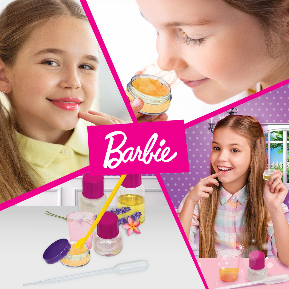 Barbie Logo mit vier Bildern von Mädchen, die Lippenbalsam herstellen und auftragen