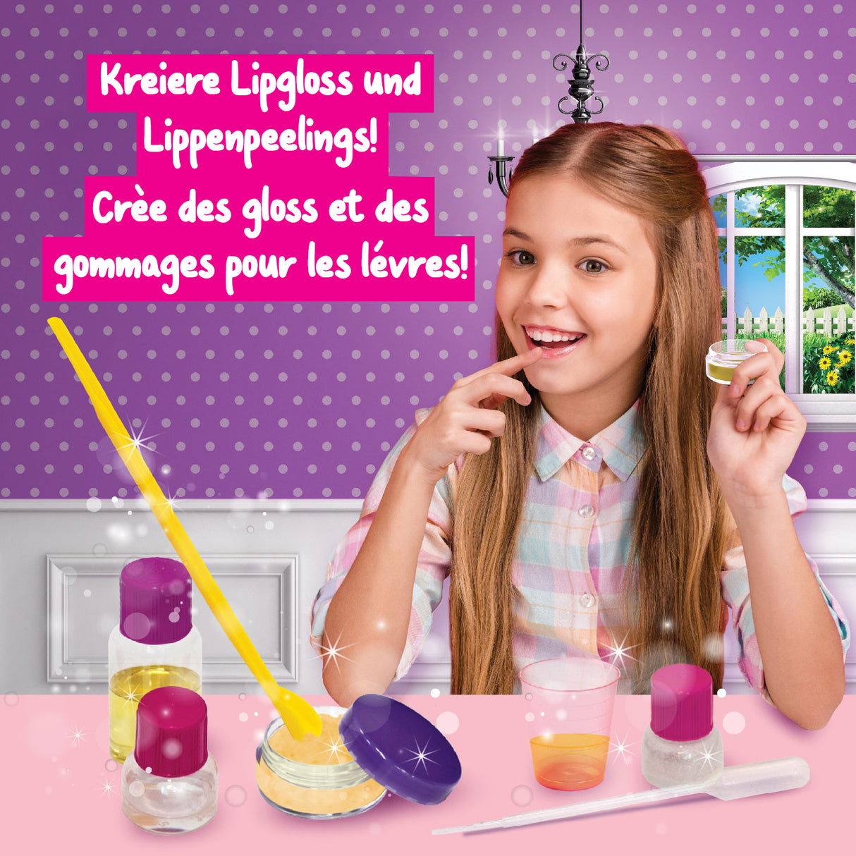Mädchen mit Lipgloss und Lippenpeeling-Set