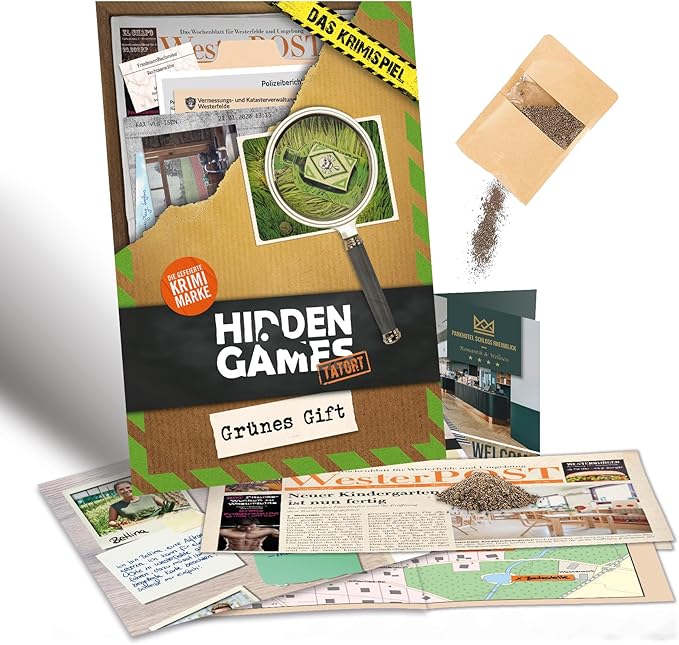 Krimispiel Hidden Games Gruenes Gift mit Lupe Zeitungen und Beweismaterial