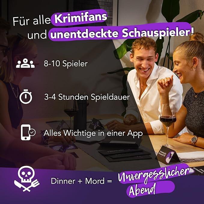 Gruppe von Menschen bei einem Krimidinner mit Informationen zu Spieleranzahl Spieldauer und App Nutzung