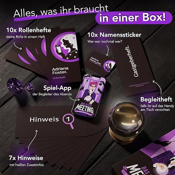 Inhalt eines Krimidinner Spiels mit Rollenheften Namensstickern Spiel App Begleitheft und Hinweiskarten