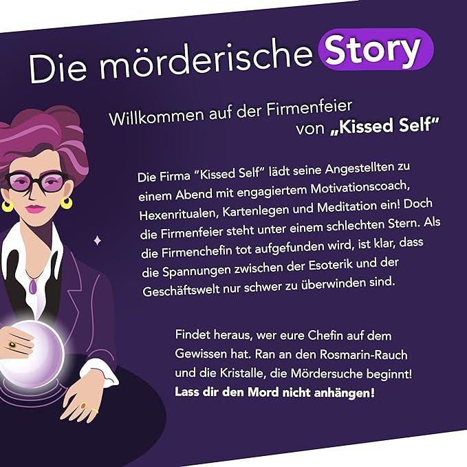 Grafik mit Text zur Krimi-Spiel-Handlung um die Firma Kissed Self und eine illustrierte Frau mit Kristallkugel