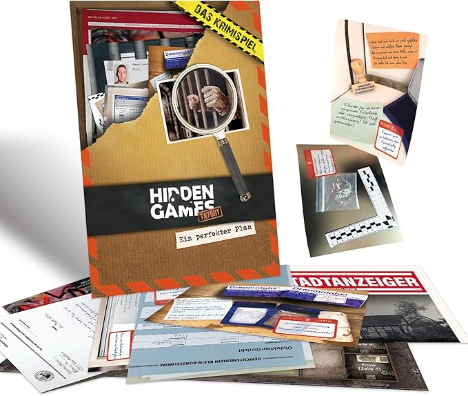 Spielmaterial des Krimispiels Hidden Games Tatort mit Akten Dokumenten und Beweismitteln